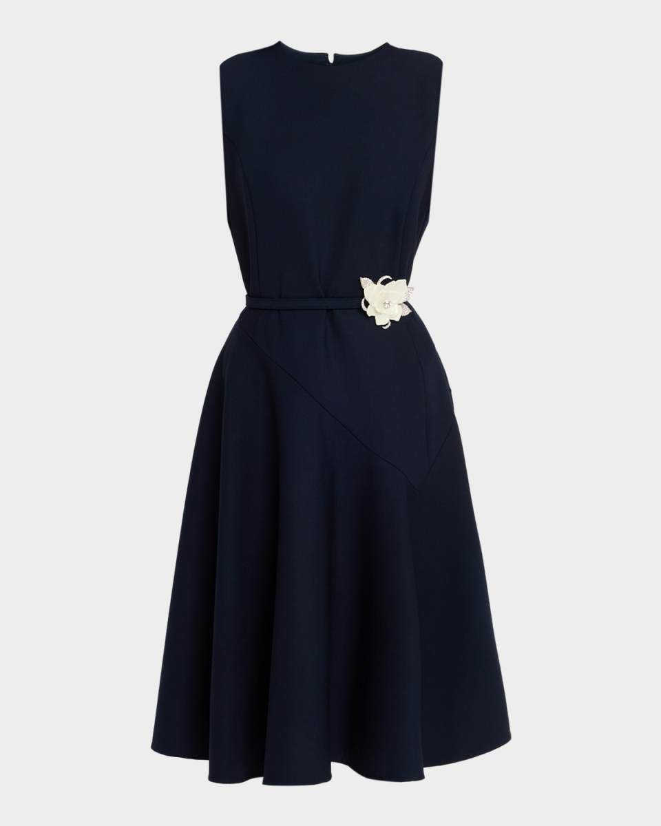 Sleeveless Crystal Belted Stretch Wool Midi Dress
